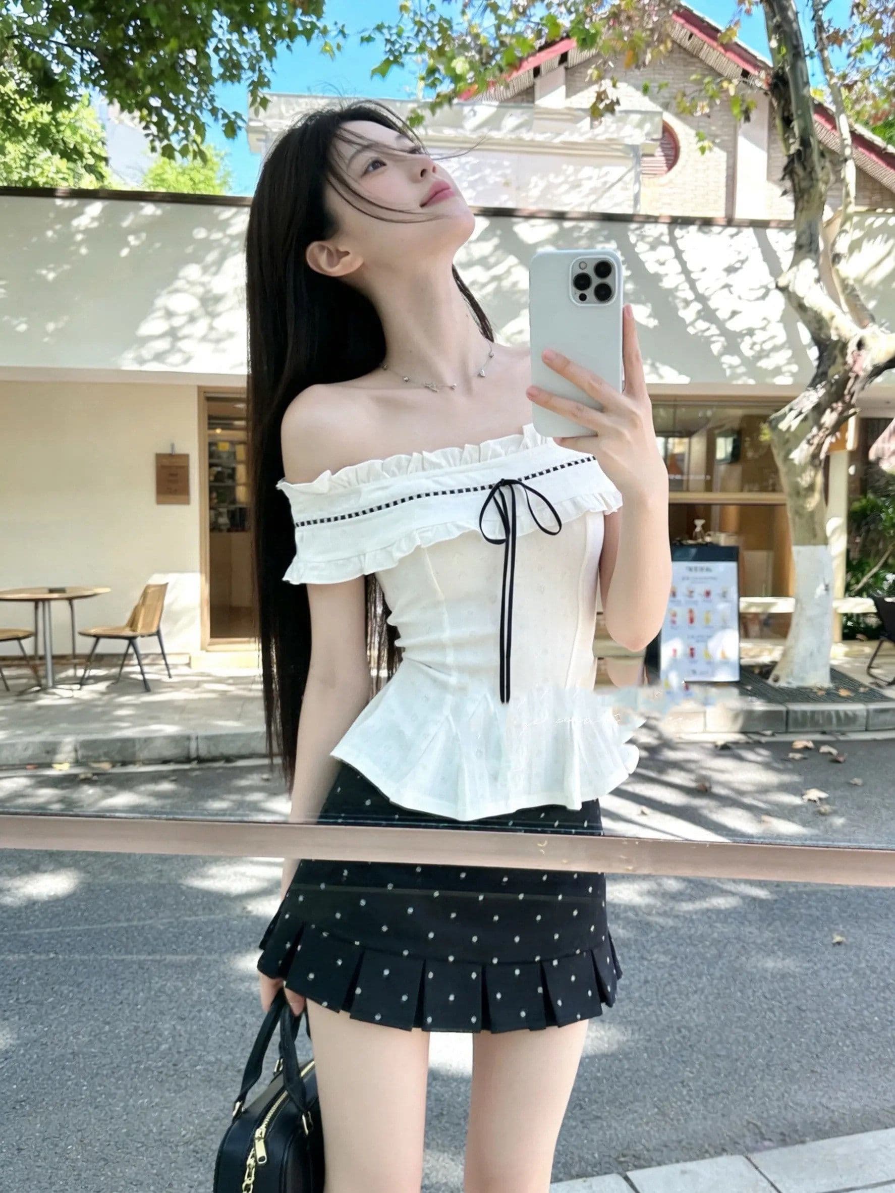 프랑스식 순수한 욕망 달콤함 몸매 가꾸기 오프숄더 맨위 투피스 슈트 여성 디자인 센스 도트 무늬 반신 짧은 치마 여름 상세 이미지 7
