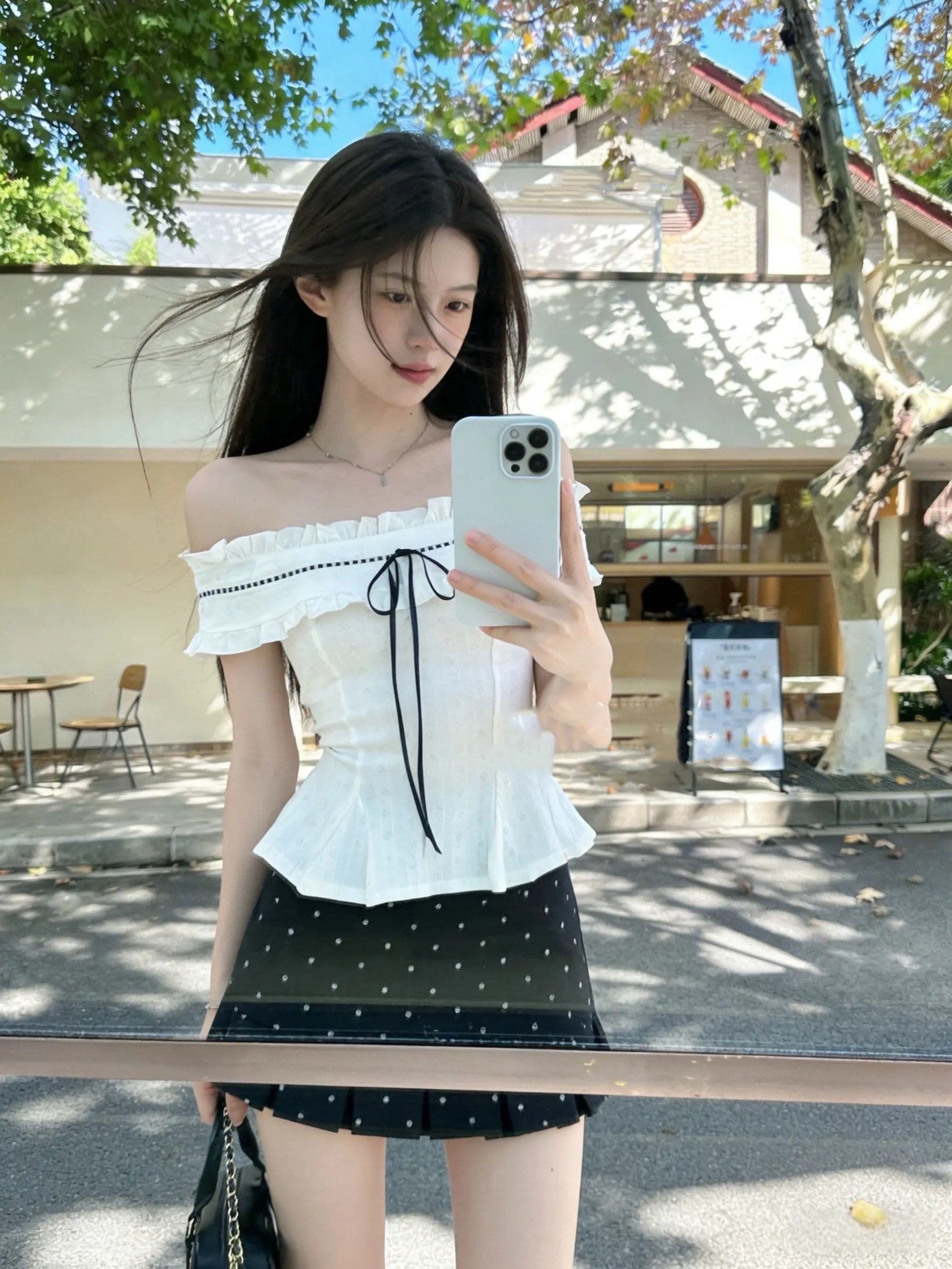 프랑스식 순수한 욕망 달콤함 몸매 가꾸기 오프숄더 맨위 투피스 슈트 여성 디자인 센스 도트 무늬 반신 짧은 치마 여름 상세 이미지 8