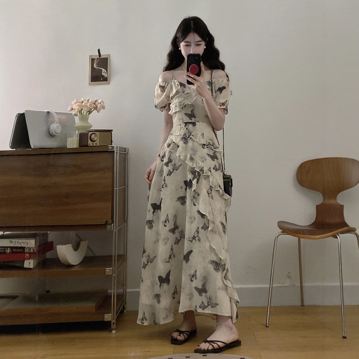 뒤로 이중층 참나무 늑골 명중 가져 가라. 벨트 네리 여름 슬림해 보이는 고급 센스 나비 매듭 꽃무늬 길다 치마 이미지 4