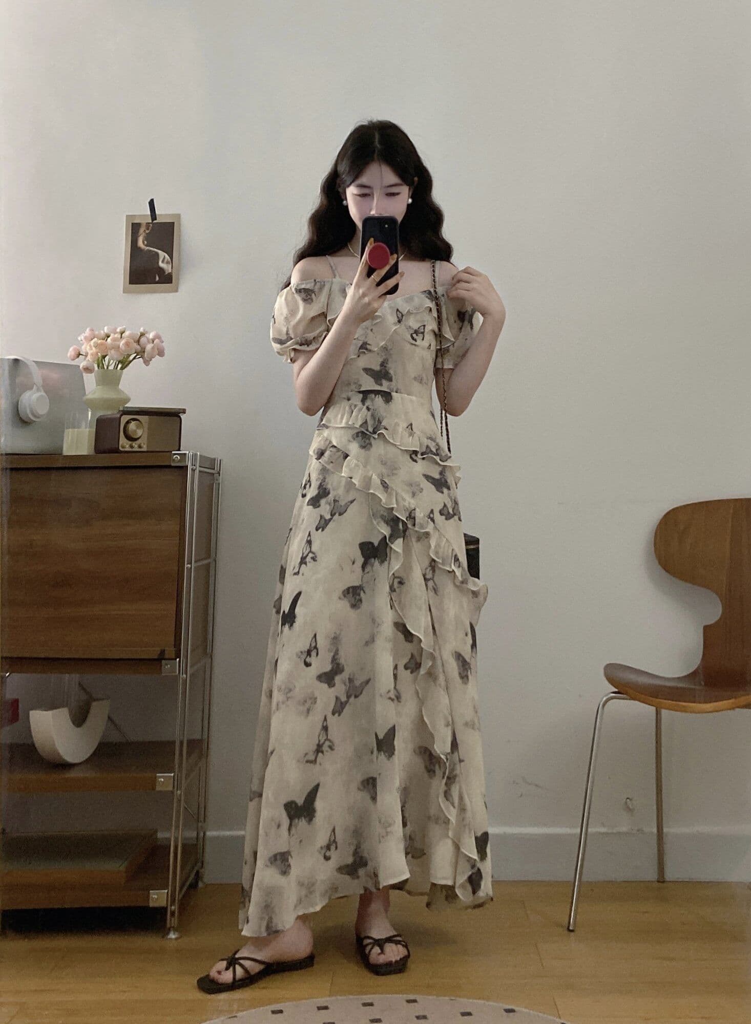 뒤로 이중층 참나무 늑골 명중 가져 가라. 벨트 네리 여름 슬림해 보이는 고급 센스 나비 매듭 꽃무늬 길다 치마 상세 이미지 7