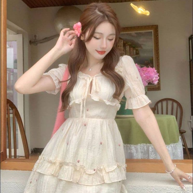자수 원단 쉬폰 네리 하나 프랑스식 부드러운 바람 디자인 센스 거품 소매 자수 케이크 드레스 드레스 이미지 2
