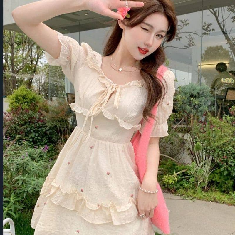 자수 원단 쉬폰 네리 하나 프랑스식 부드러운 바람 디자인 센스 거품 소매 자수 케이크 드레스 드레스 이미지 3