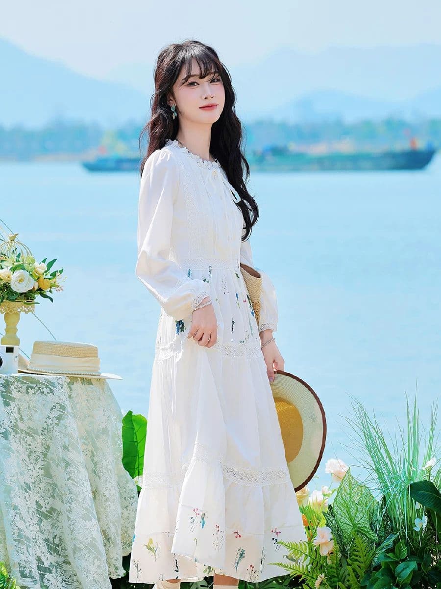 문예 바람 센 부서 작은 대중 프린트 꾸밈음 디자인 센스 레이스 레이스업 화이트 드레스 2026 봄 A라인 스커트 이미지 4