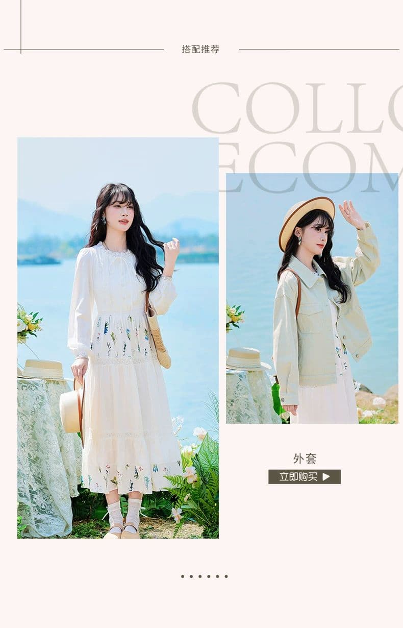 문예 바람 센 부서 작은 대중 프린트 꾸밈음 디자인 센스 레이스 레이스업 화이트 드레스 2026 봄 A라인 스커트 상세 이미지 2