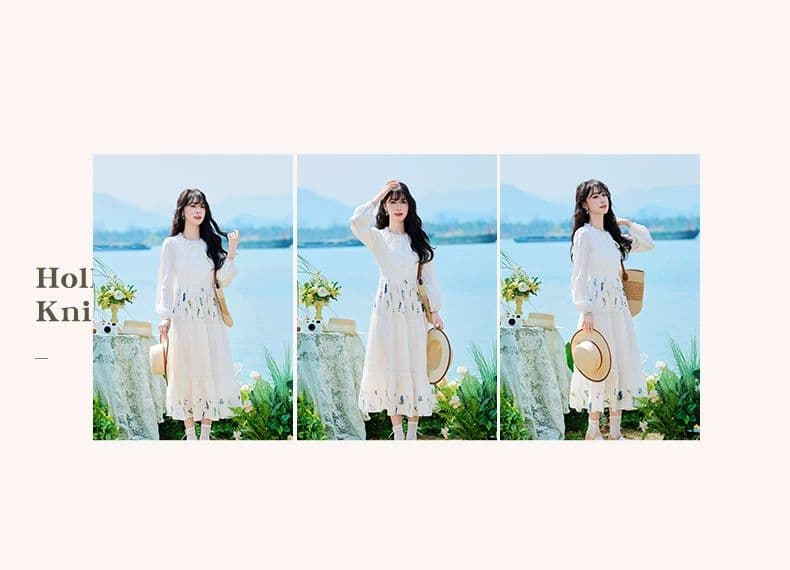 문예 바람 센 부서 작은 대중 프린트 꾸밈음 디자인 센스 레이스 레이스업 화이트 드레스 2026 봄 A라인 스커트 상세 이미지 4
