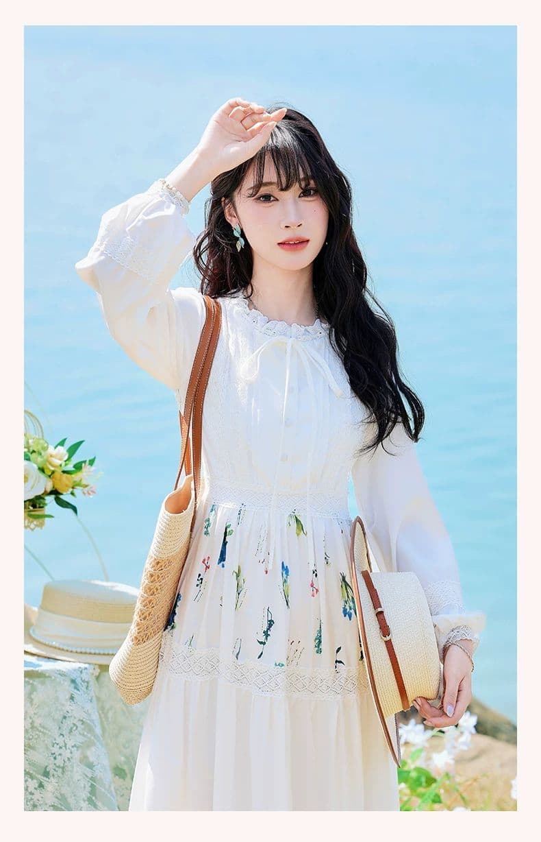 문예 바람 센 부서 작은 대중 프린트 꾸밈음 디자인 센스 레이스 레이스업 화이트 드레스 2026 봄 A라인 스커트 상세 이미지 5