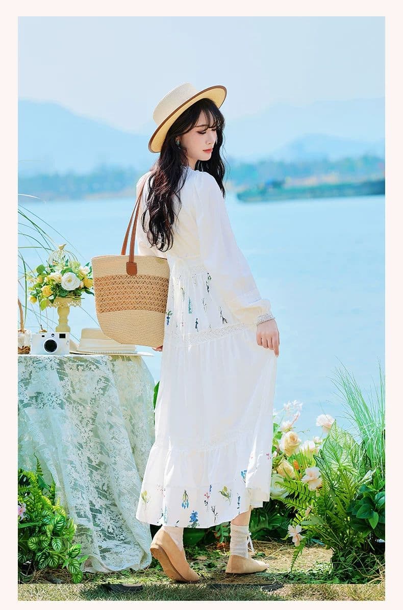 문예 바람 센 부서 작은 대중 프린트 꾸밈음 디자인 센스 레이스 레이스업 화이트 드레스 2026 봄 A라인 스커트 상세 이미지 7