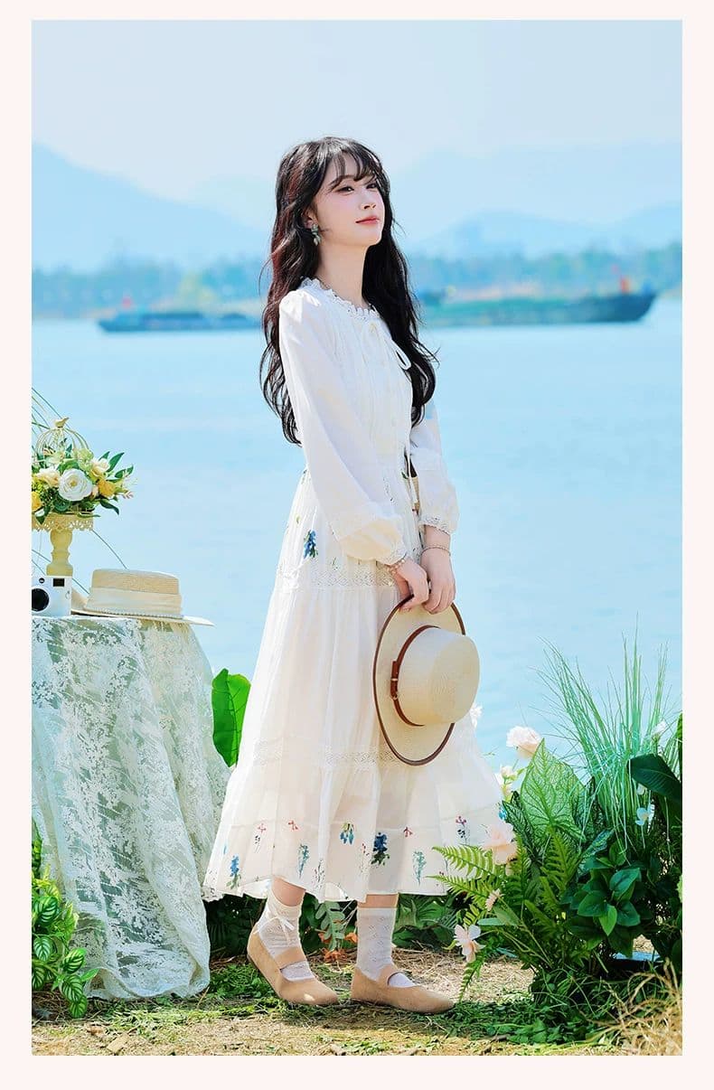 문예 바람 센 부서 작은 대중 프린트 꾸밈음 디자인 센스 레이스 레이스업 화이트 드레스 2026 봄 A라인 스커트 상세 이미지 9