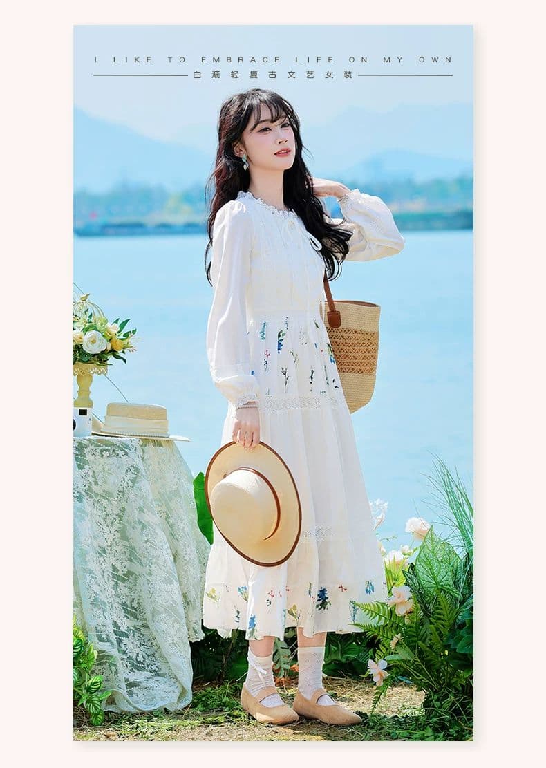 문예 바람 센 부서 작은 대중 프린트 꾸밈음 디자인 센스 레이스 레이스업 화이트 드레스 2026 봄 A라인 스커트 상세 이미지 10