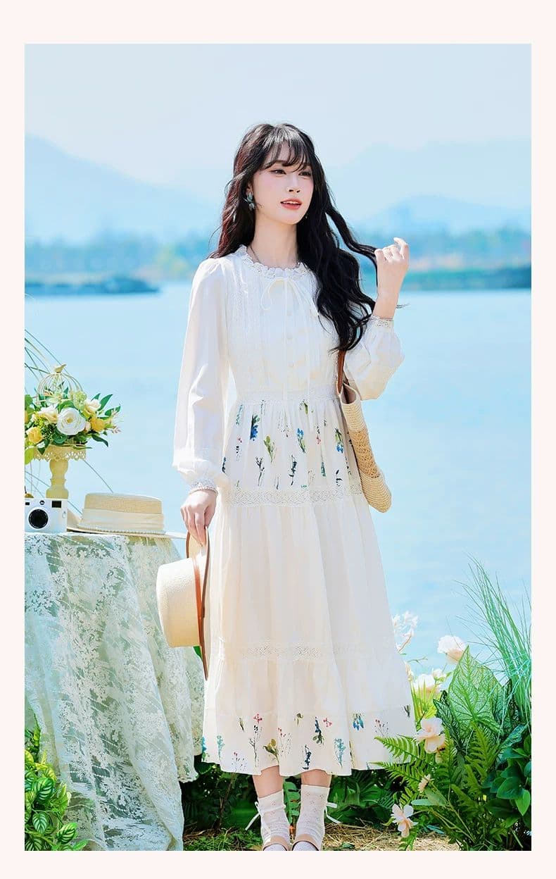 문예 바람 센 부서 작은 대중 프린트 꾸밈음 디자인 센스 레이스 레이스업 화이트 드레스 2026 봄 A라인 스커트 상세 이미지 11