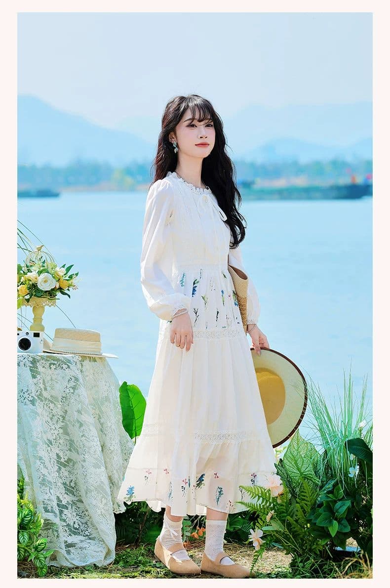 문예 바람 센 부서 작은 대중 프린트 꾸밈음 디자인 센스 레이스 레이스업 화이트 드레스 2026 봄 A라인 스커트 상세 이미지 13
