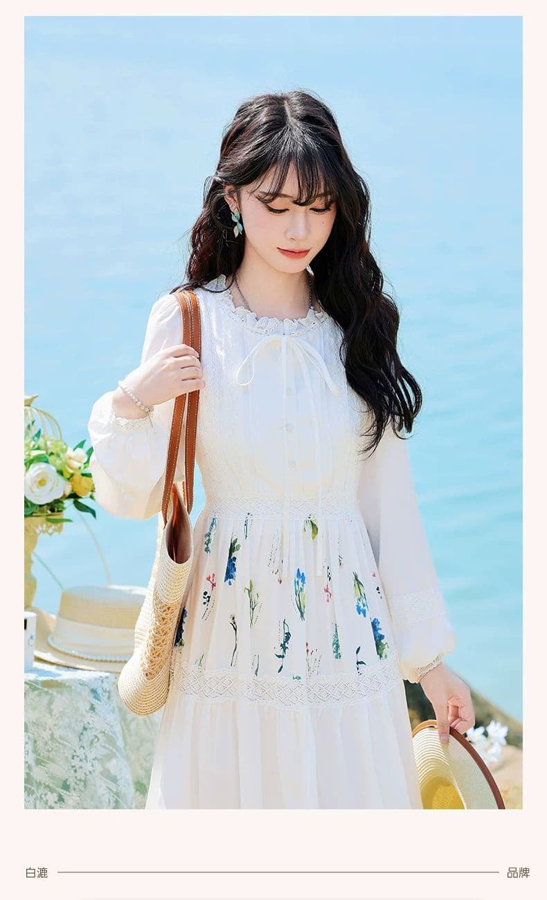 문예 바람 센 부서 작은 대중 프린트 꾸밈음 디자인 센스 레이스 레이스업 화이트 드레스 2026 봄 A라인 스커트 상세 이미지 14
