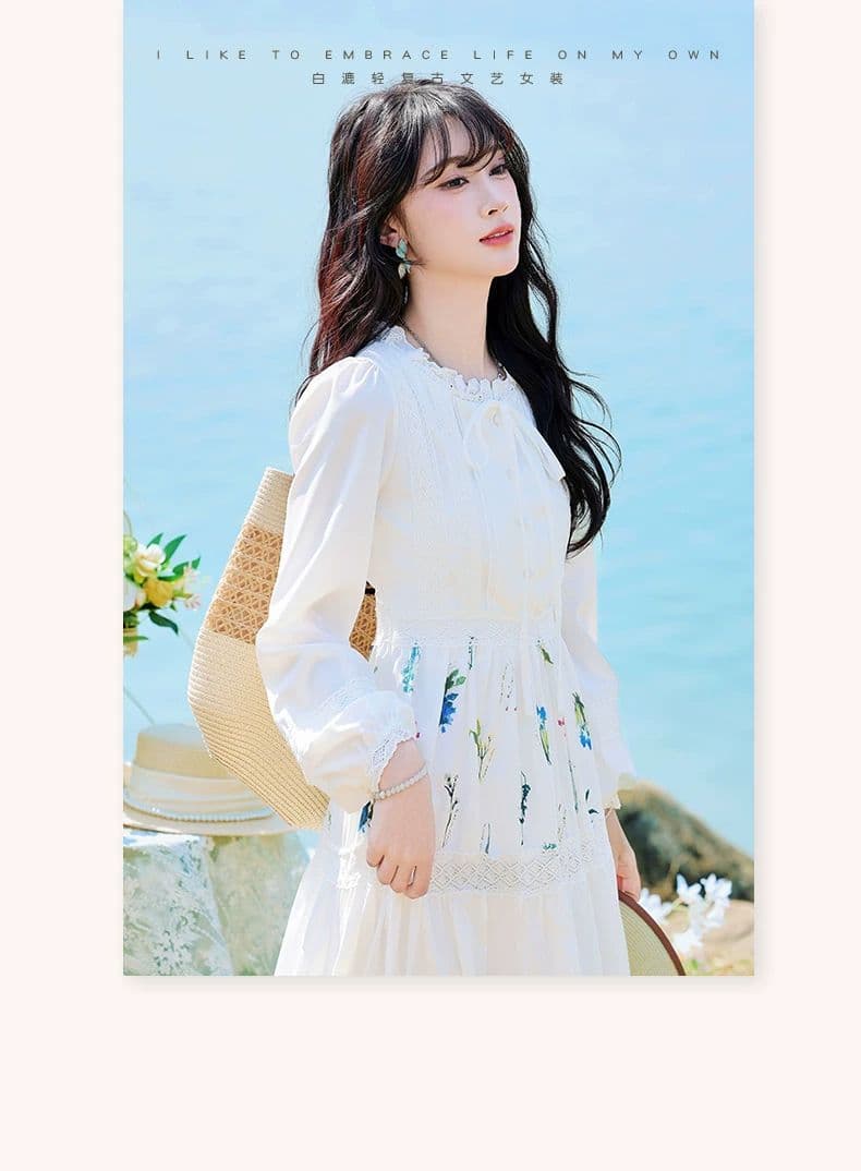 문예 바람 센 부서 작은 대중 프린트 꾸밈음 디자인 센스 레이스 레이스업 화이트 드레스 2026 봄 A라인 스커트 상세 이미지 15