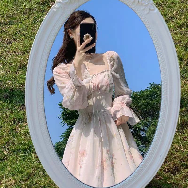 봄 여름 새로운 아름다운 긴팔 쉬폰 드레스 요정 슈퍼 요정 센 부서 부드러운 바람 차 휴식 프랑스식 첫사랑 치마 이미지 4