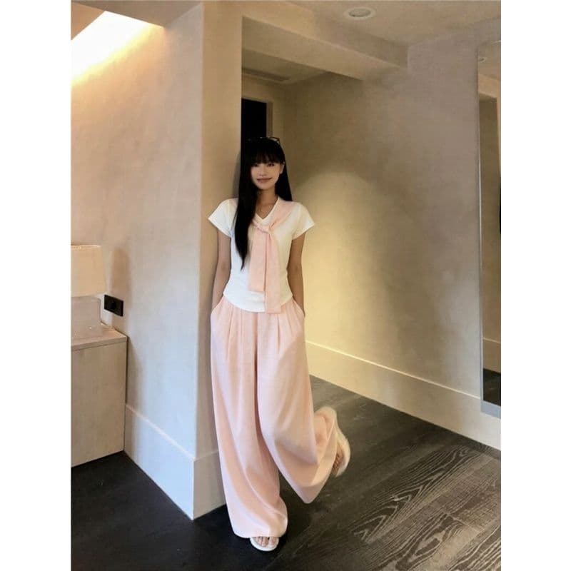 패션 캐주얼 운동복 세트 여성 여름 한 부서 달콤한 스타일 루즈핏 숄 반팔 와이드 레그 팬츠 투피스 세트 트렌디 이미지 2