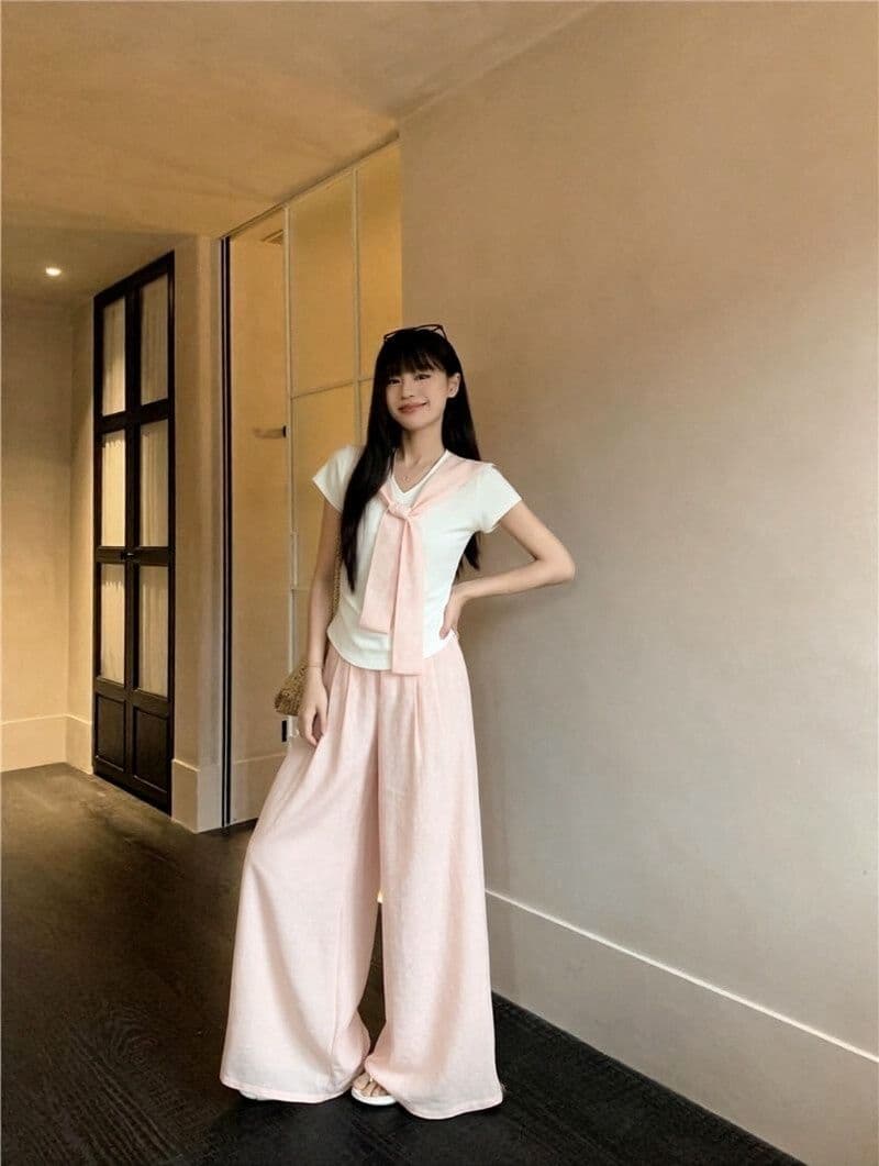 패션 캐주얼 운동복 세트 여성 여름 한 부서 달콤한 스타일 루즈핏 숄 반팔 와이드 레그 팬츠 투피스 세트 트렌디 상세 이미지 1