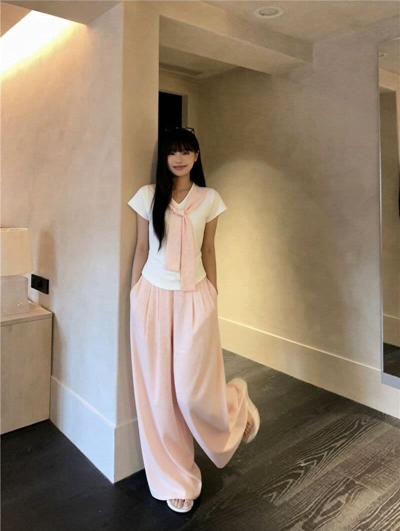 패션 캐주얼 운동복 세트 여성 여름 한 부서 달콤한 스타일 루즈핏 숄 반팔 와이드 레그 팬츠 투피스 세트 트렌디 상세 이미지 3
