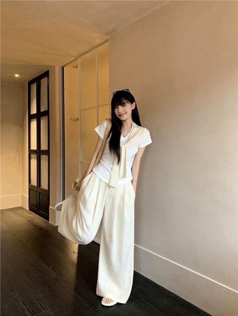 패션 캐주얼 운동복 세트 여성 여름 한 부서 달콤한 스타일 루즈핏 숄 반팔 와이드 레그 팬츠 투피스 세트 트렌디 상세 이미지 5