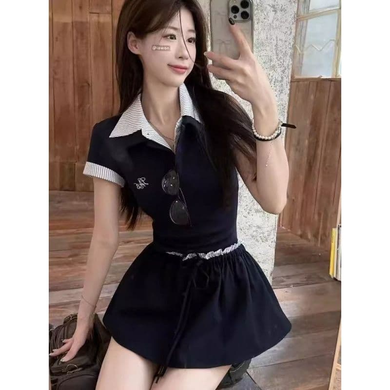 학원 스타일 착용 가져 가라. 세트 스트라이프 패치워크 POLO 칼라 반팔 티셔츠 여성 여름 하이웨이스트 한 마디 반신 스커트 투피스 세트 이미지 5