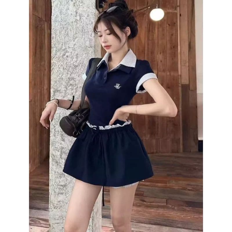 학원 스타일 착용 가져 가라. 세트 스트라이프 패치워크 POLO 칼라 반팔 티셔츠 여성 여름 하이웨이스트 한 마디 반신 스커트 투피스 세트 이미지 4