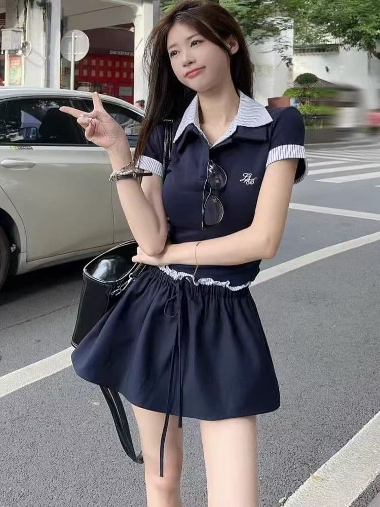 학원 스타일 착용 가져 가라. 세트 스트라이프 패치워크 POLO 칼라 반팔 티셔츠 여성 여름 하이웨이스트 한 마디 반신 스커트 투피스 세트 상세 이미지 2