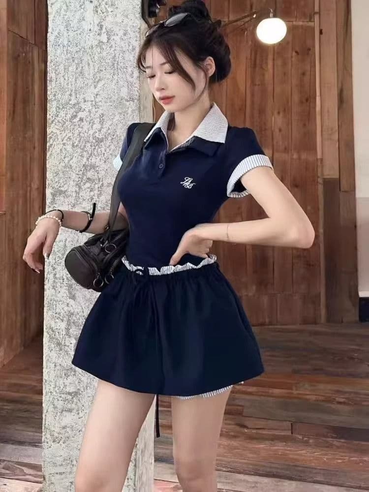 학원 스타일 착용 가져 가라. 세트 스트라이프 패치워크 POLO 칼라 반팔 티셔츠 여성 여름 하이웨이스트 한 마디 반신 스커트 투피스 세트 상세 이미지 3