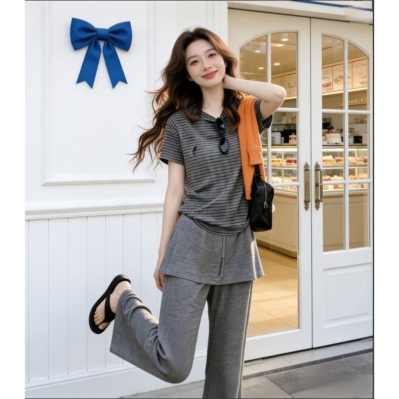 여름 ootd 착용 가져 가라. 세트 여성 회색 고급 센스 스트라이프 라운드 넥 반팔 티셔츠 랩스커트팬츠 와이드 레그 팬츠 투피스 세트 이미지 5