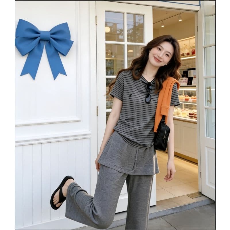 여름 ootd 착용 가져 가라. 세트 여성 회색 고급 센스 스트라이프 라운드 넥 반팔 티셔츠 랩스커트팬츠 와이드 레그 팬츠 투피스 세트