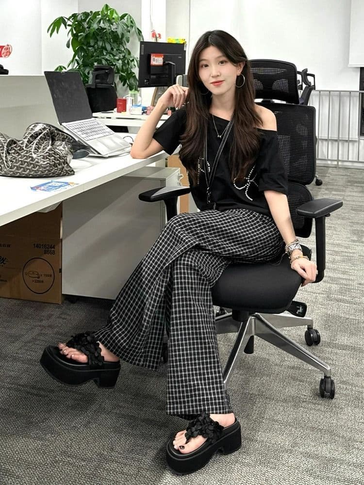 한 부서 품격 캐주얼 운동복 세트 여성 여름 나비 매듭 비즈 박기 비스듬한 어깨 반팔 체크무늬 긴 바지 투피스 세트 상세 이미지 1