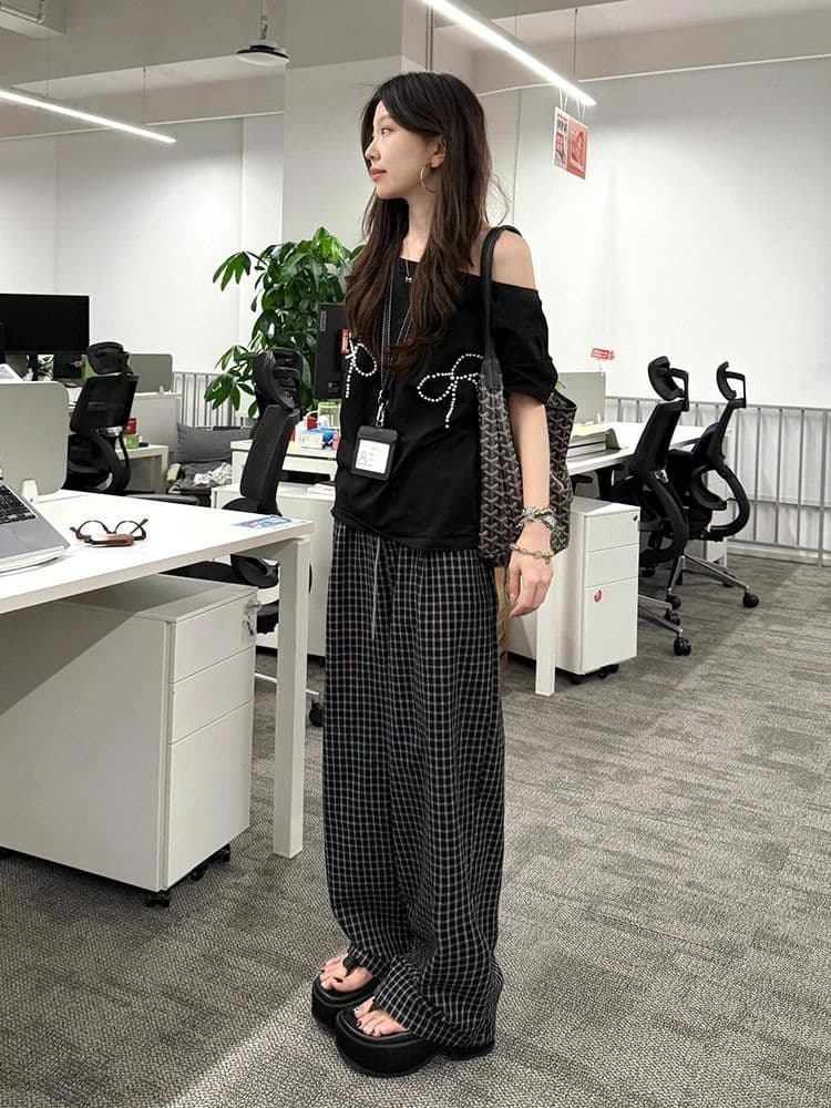 한 부서 품격 캐주얼 운동복 세트 여성 여름 나비 매듭 비즈 박기 비스듬한 어깨 반팔 체크무늬 긴 바지 투피스 세트 상세 이미지 5
