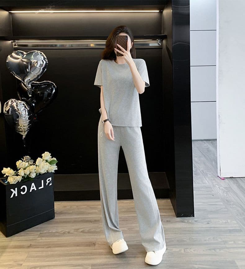 캐주얼 스포츠 슈트 여성 여름 여름 유럽 상품 폭발 루즈핏 슬림해 보이는 얇은 스타일 회색 반팔 와이드 레그 팬츠 투피스 세트 상세 이미지 7