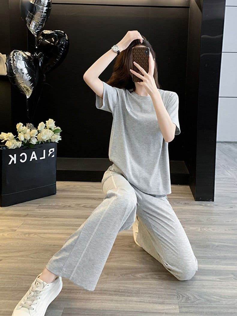 캐주얼 스포츠 슈트 여성 여름 여름 유럽 상품 폭발 루즈핏 슬림해 보이는 얇은 스타일 회색 반팔 와이드 레그 팬츠 투피스 세트 상세 이미지 9