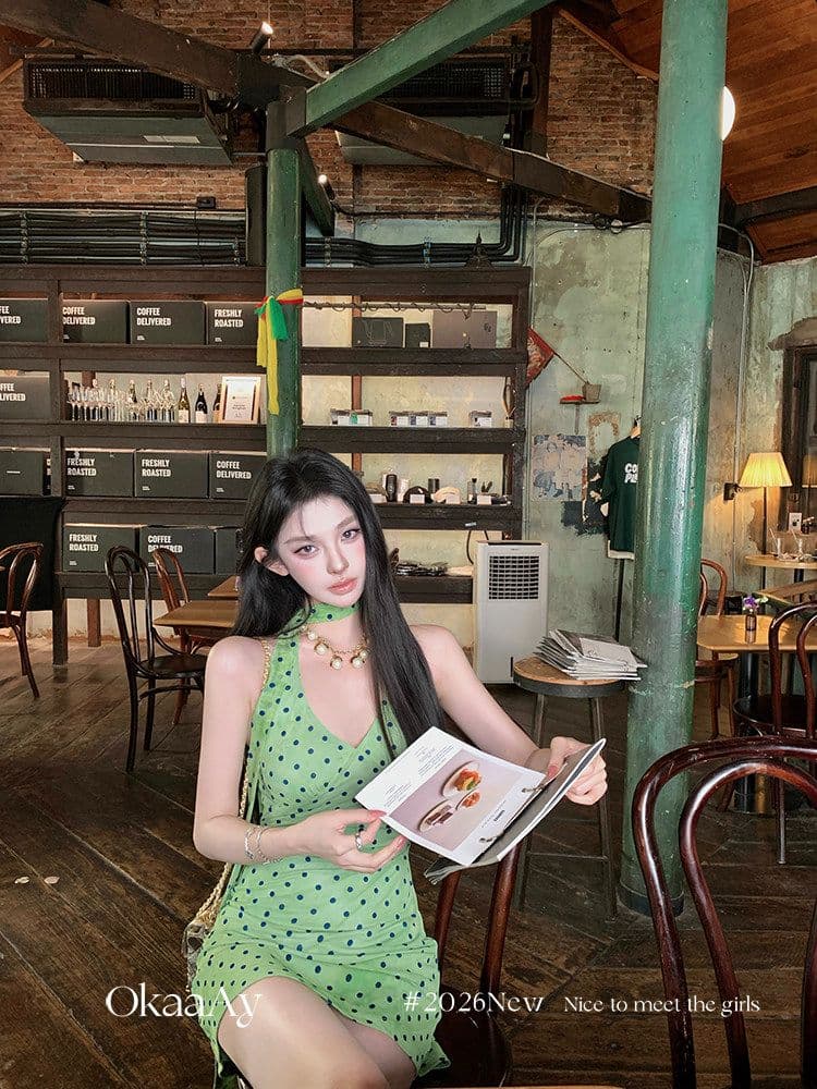 폴리 에스터 인터넷 원단 네리 에덴 여행 프랑스식 레트로 휴가 바람 도트 무늬 행침 목 V넥 꼬집기 허리 드레스 상세 이미지 8