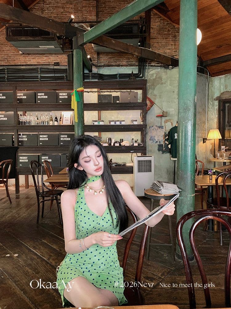 폴리 에스터 인터넷 원단 네리 에덴 여행 프랑스식 레트로 휴가 바람 도트 무늬 행침 목 V넥 꼬집기 허리 드레스 상세 이미지 12