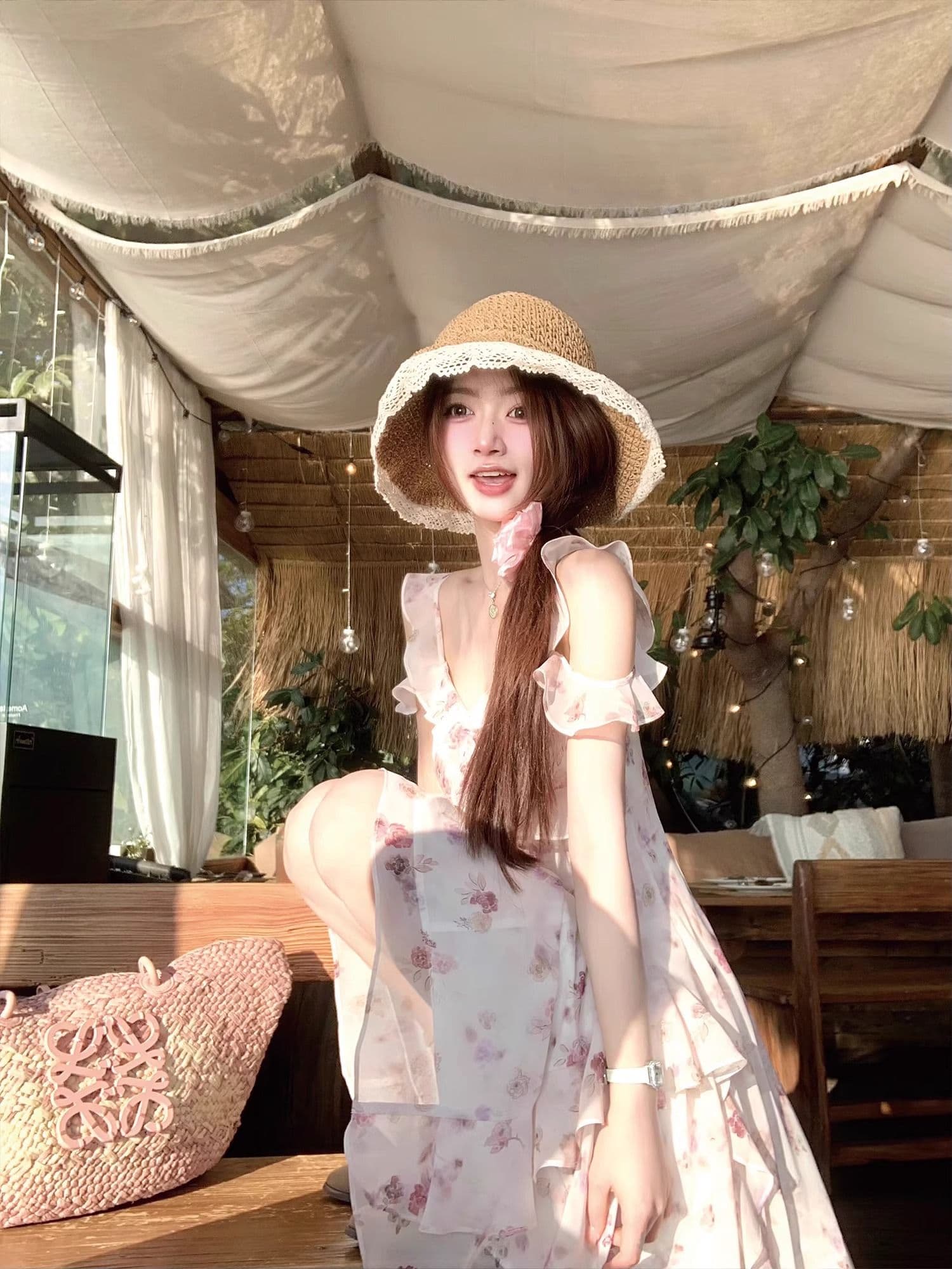 불규칙 오프숄더 분말 보라색 꽃무늬 고급 디자인 센스 롱 스커트 요정 가스 펄럭 이는 드레스 작은 날다 소매 슬립 롱 스커트 상세 이미지 11