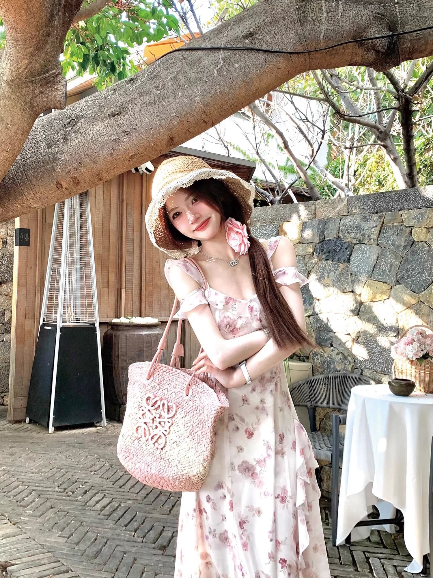 불규칙 오프숄더 분말 보라색 꽃무늬 고급 디자인 센스 롱 스커트 요정 가스 펄럭 이는 드레스 작은 날다 소매 슬립 롱 스커트 상세 이미지 14