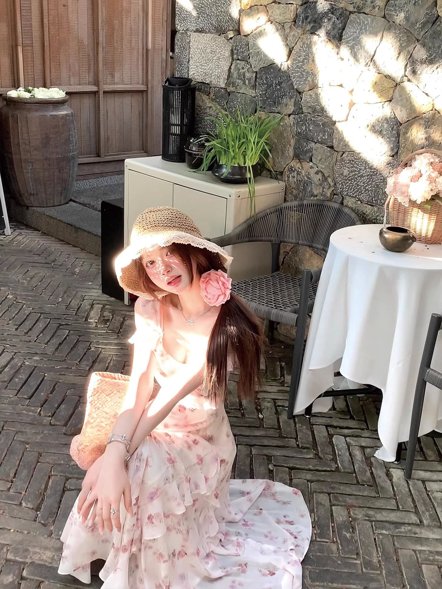 불규칙 오프숄더 분말 보라색 꽃무늬 고급 디자인 센스 롱 스커트 요정 가스 펄럭 이는 드레스 작은 날다 소매 슬립 롱 스커트 상세 이미지 16