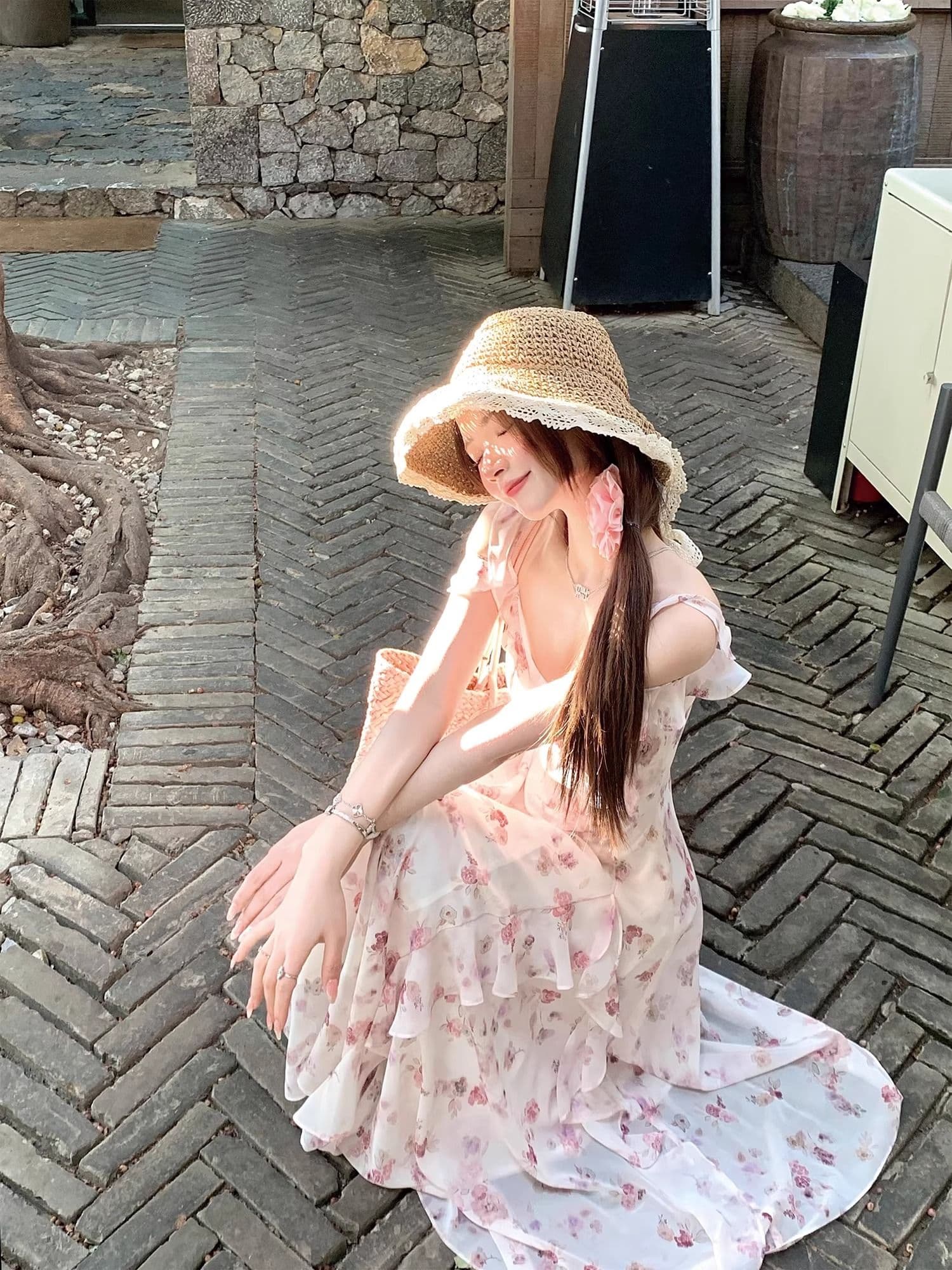 불규칙 오프숄더 분말 보라색 꽃무늬 고급 디자인 센스 롱 스커트 요정 가스 펄럭 이는 드레스 작은 날다 소매 슬립 롱 스커트 상세 이미지 17