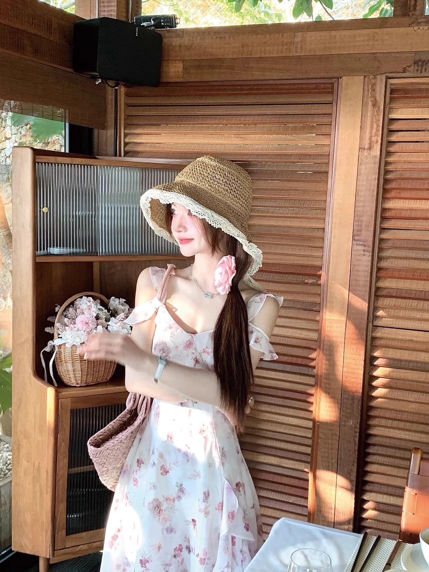 불규칙 오프숄더 분말 보라색 꽃무늬 고급 디자인 센스 롱 스커트 요정 가스 펄럭 이는 드레스 작은 날다 소매 슬립 롱 스커트 상세 이미지 22