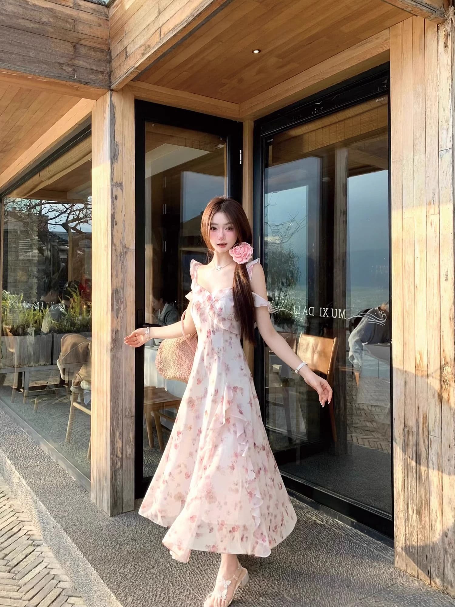 불규칙 오프숄더 분말 보라색 꽃무늬 고급 디자인 센스 롱 스커트 요정 가스 펄럭 이는 드레스 작은 날다 소매 슬립 롱 스커트 상세 이미지 26