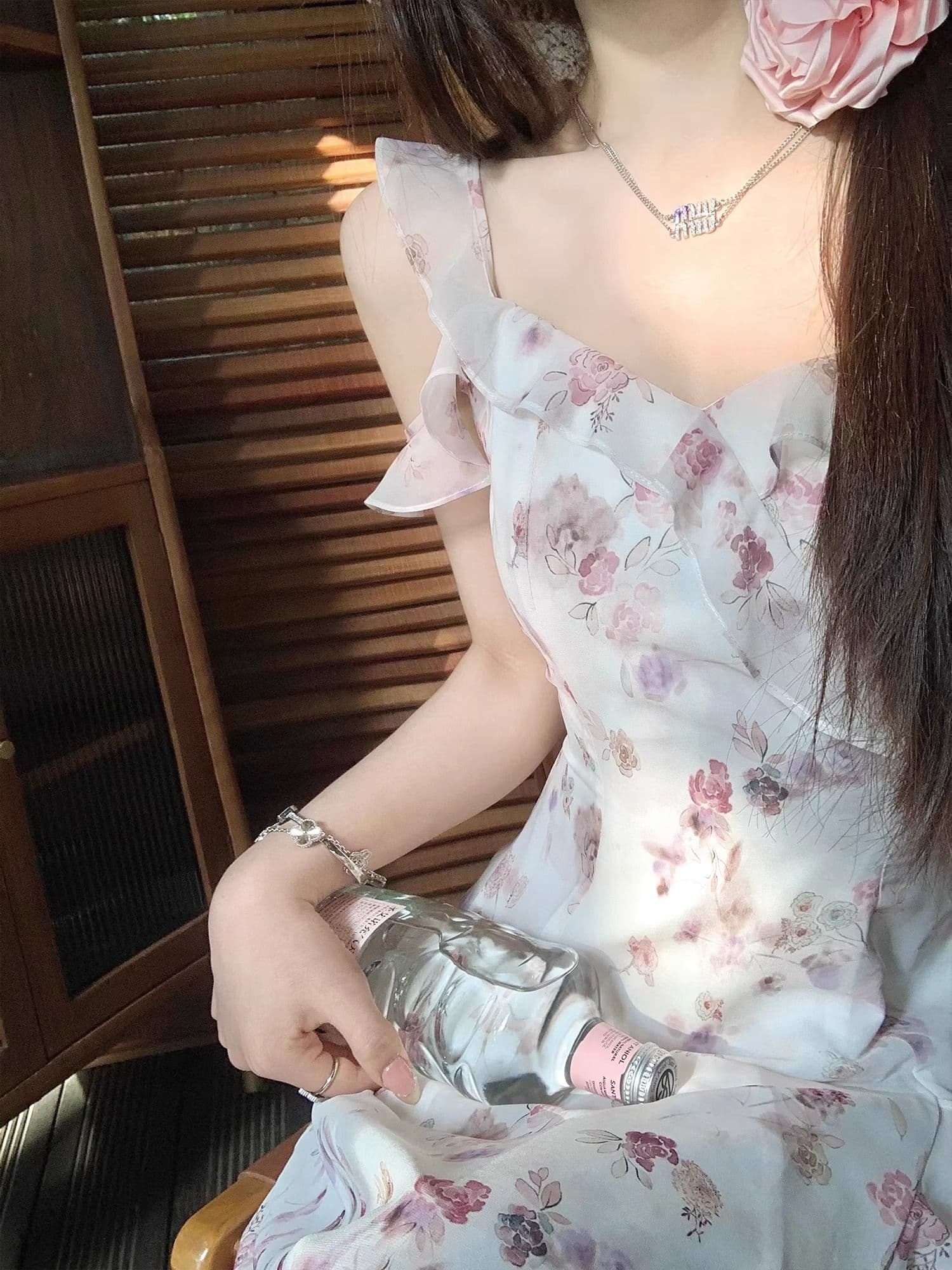 불규칙 오프숄더 분말 보라색 꽃무늬 고급 디자인 센스 롱 스커트 요정 가스 펄럭 이는 드레스 작은 날다 소매 슬립 롱 스커트 상세 이미지 28