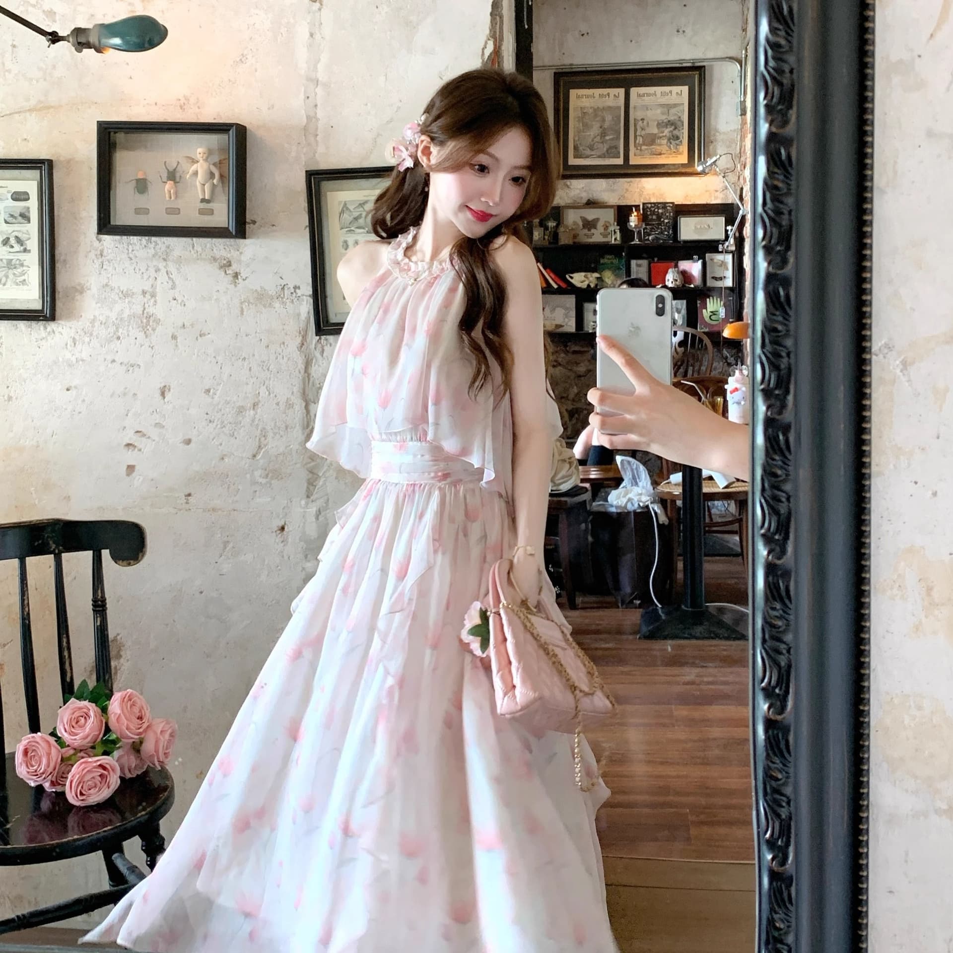 아름다움 치마 프랑스식 낭만주의 요정 가스 헤일로 염색 행침 목 불규칙 휴가 핑크색 꽃무늬 분위기 센스 롱 스커트 여름 이미지 5