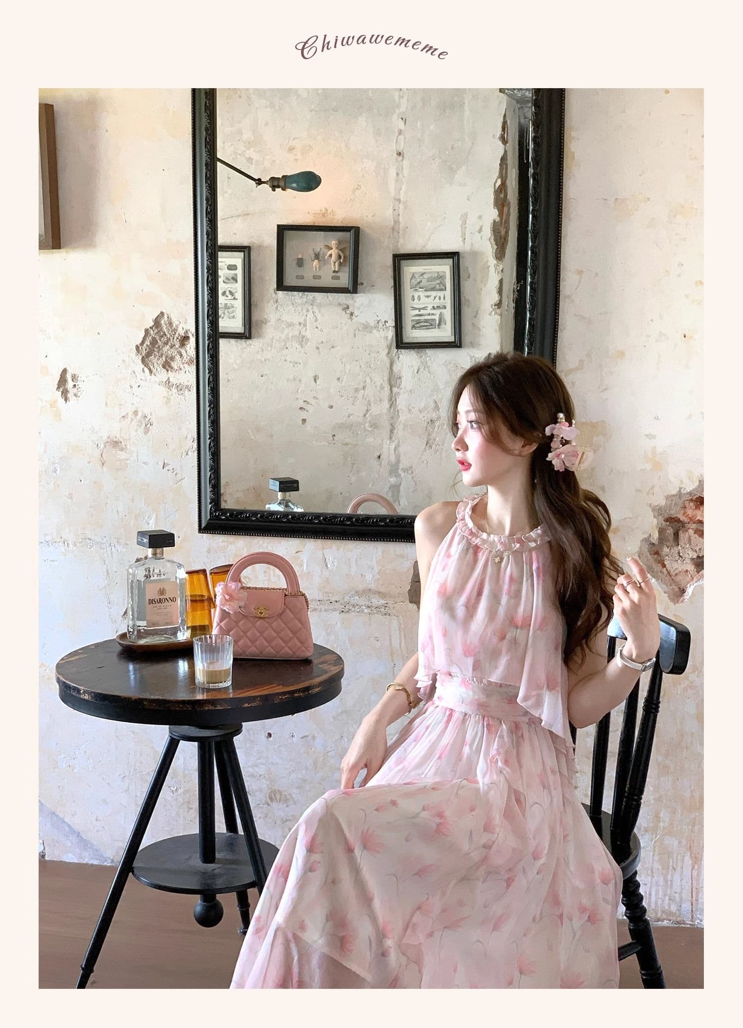 아름다움 치마 프랑스식 낭만주의 요정 가스 헤일로 염색 행침 목 불규칙 휴가 핑크색 꽃무늬 분위기 센스 롱 스커트 여름 상세 이미지 3