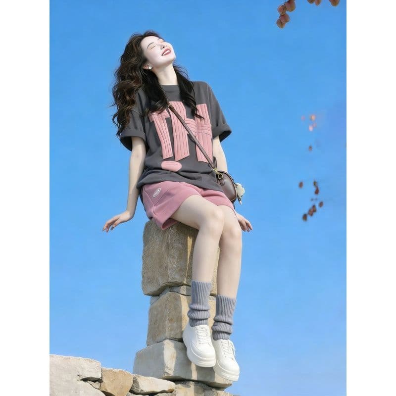 느긋한 바람 운동복 세트 여성 여름 학생 한국 스타일 루즈핏 패션 순면 반팔 반바지 캐주얼 투피스 세트