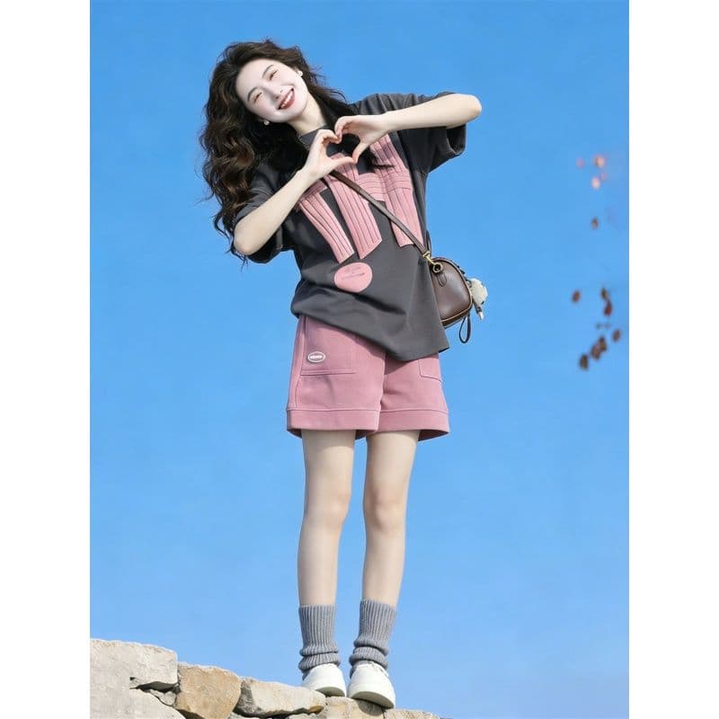 느긋한 바람 운동복 세트 여성 여름 학생 한국 스타일 루즈핏 패션 순면 반팔 반바지 캐주얼 투피스 세트 이미지 2