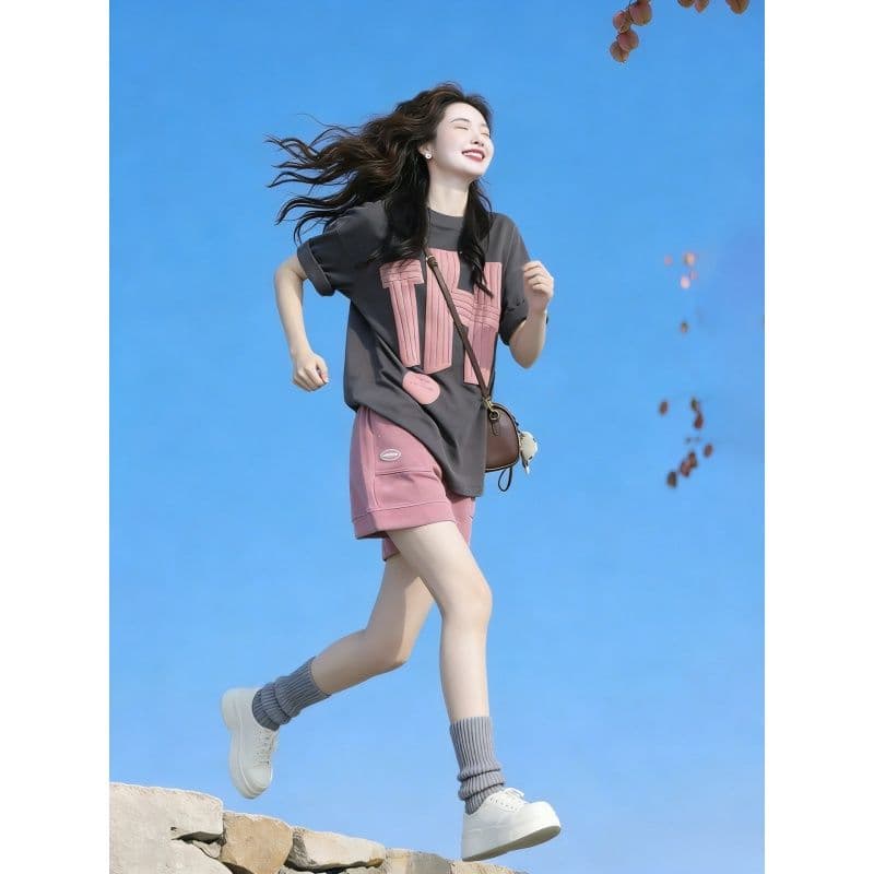 느긋한 바람 운동복 세트 여성 여름 학생 한국 스타일 루즈핏 패션 순면 반팔 반바지 캐주얼 투피스 세트 이미지 4