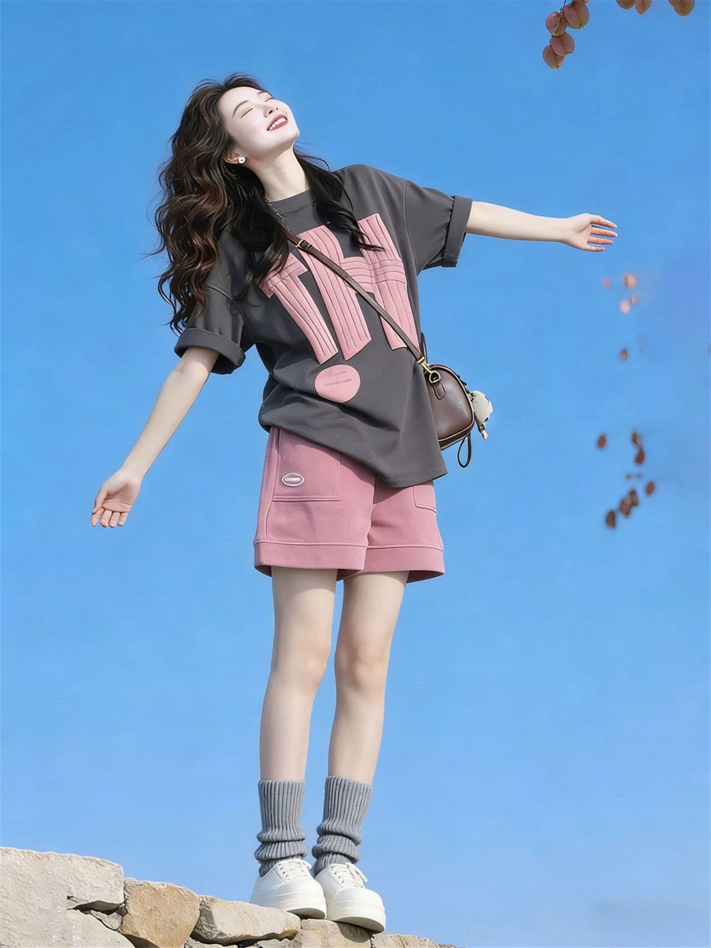 느긋한 바람 운동복 세트 여성 여름 학생 한국 스타일 루즈핏 패션 순면 반팔 반바지 캐주얼 투피스 세트 상세 이미지 1
