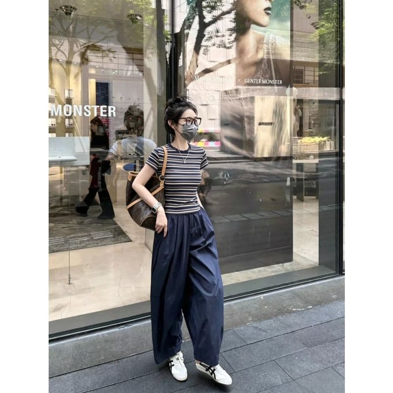 한 부서 chic 스포츠 슈트 여성 여름 루즈핏 슬림해 보이는 패션 스트라이프 반팔 와이드 레그 팬츠 캐주얼 투피스 세트 트렌디
