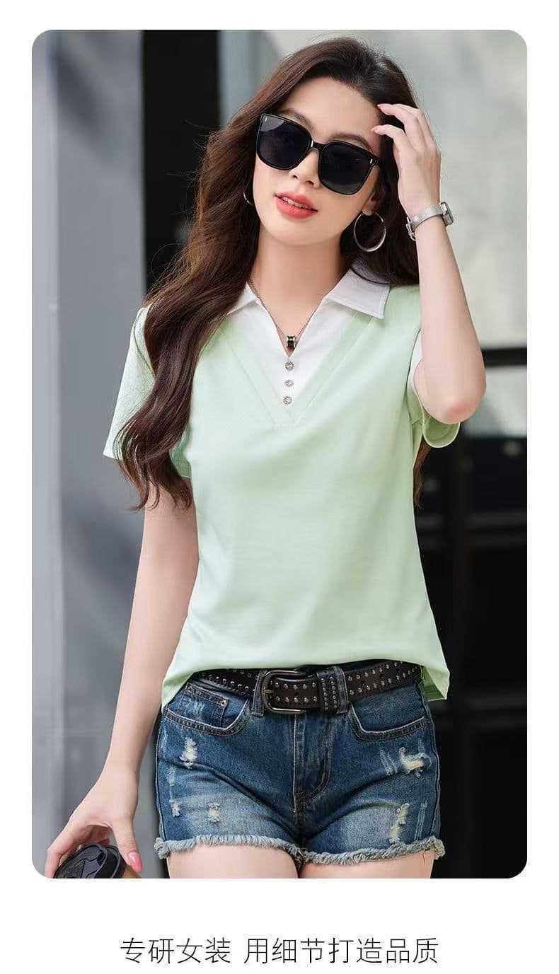 40 92 면 반팔 티셔츠 여성 여름 배색 POLO 칼라 한국 스타일 미니멀리즘 탑 옷깃 몸매 가꾸기 맨위 상세 이미지 9
