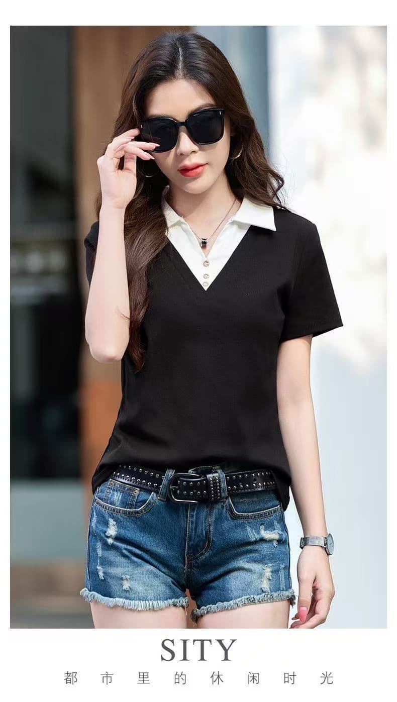 40 92 면 반팔 티셔츠 여성 여름 배색 POLO 칼라 한국 스타일 미니멀리즘 탑 옷깃 몸매 가꾸기 맨위 상세 이미지 15